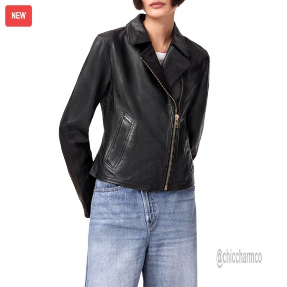 Lamb Leather Biker Jacket Slim Fit Asymmetrical Zip Long Sleeve